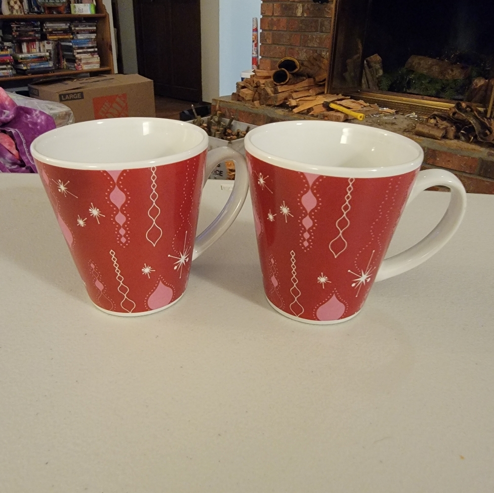 Set of Two Christmas Coffee Mug Avon Red White Ornaments Cup Ceramic